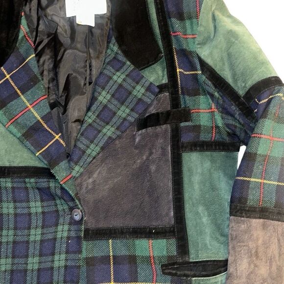 Vintage women 20W Brandon Thomas Plaid Suede Patchwork Blazer Jacket Green Blue - Picture 11 of 12